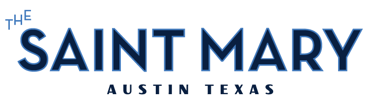 a blue logo with the words santi mary austin texas on a black background